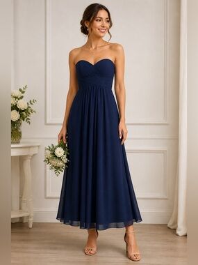 David's Bridal Strapless Navy Chiffon Sweetheart Gown